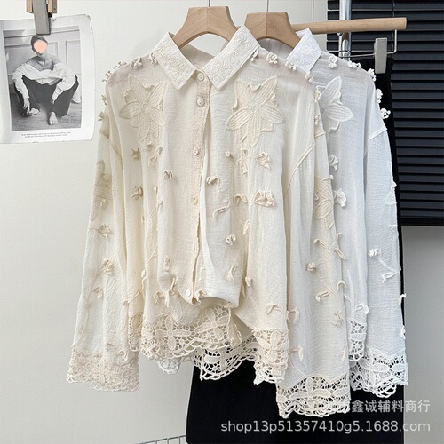 Artistic Embroidery Long-Sleeve Shirt French Spring and Autumn Season Korean Version Loose Casual Polo Collar Loose Irregular Top