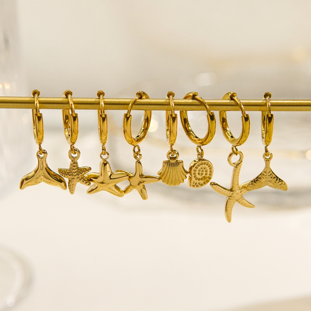 304 Stainless Steel Material Tortoise, Starfish, Shell Pattern PVD Coated 14K Gold Real Gold Plated Tortoise Starfish Shell 304 Stainless Steel Beach Waterproof Non Tarnish Charm Sleeper Hoop Earrings Earrings