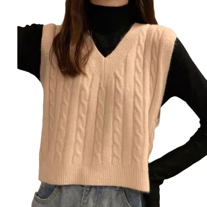 2024 otoño nuevo estilo retro estilo de Hong Kong cuello en V camisa de punto de torsión con chaleco de mujer suéter suelto simple image 6