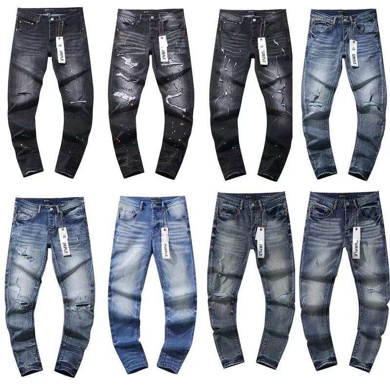Pu Cross-Border Men's High-Quality New Slim-Fit Patchwork Trendy Brand Embroidered Am Jeans with Holes, Stylish and Cool