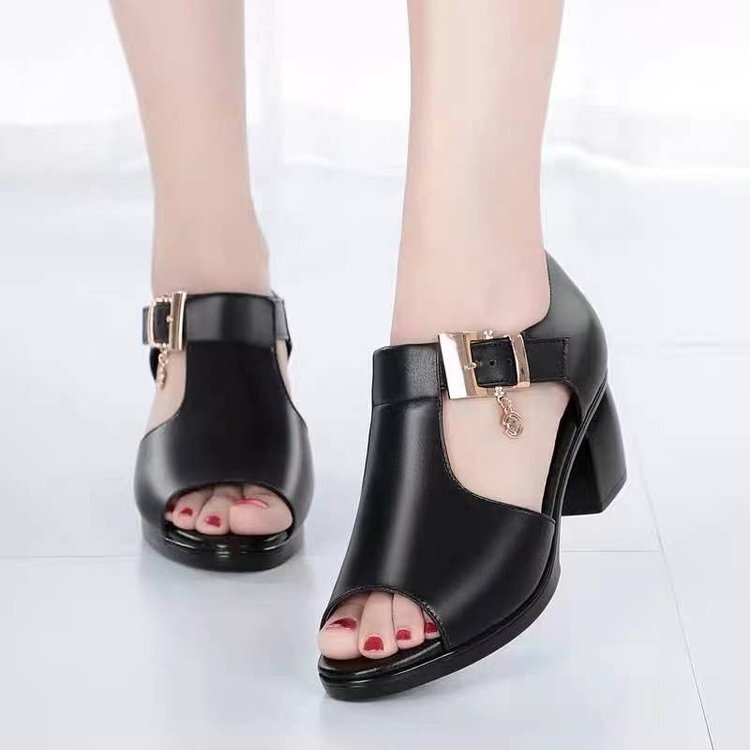 Foreign Trade Sandals for Women 2025 New Thick Heel Medium Heel Women's Shoes Middle-Aged Mother's Shoes One-Word Buckle Fish Mouth Sandals for Women Summer