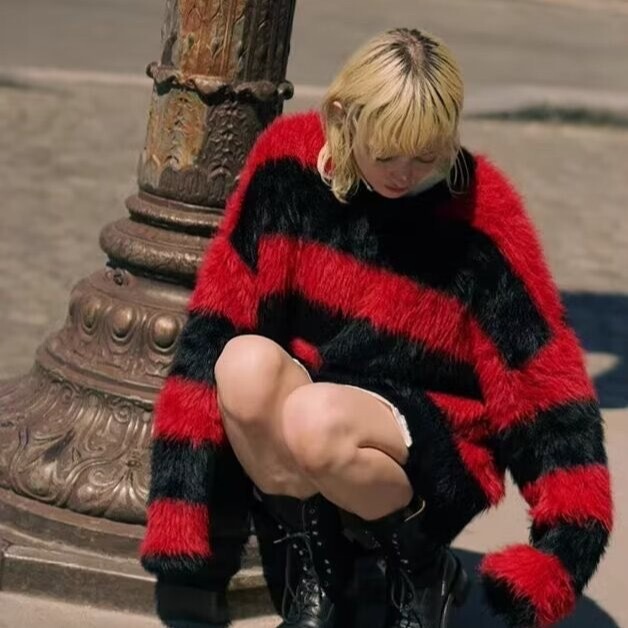 Cross-border Red and Black Striped Contrast Color Seahorse Wool Sweater Men's Lazy Style Knitwear Winter Imitation Mink Wool Couple's Coat Cross-border Red and Black Striped Contrast Color Seahorse Wool Sweater Men's Lazy Style Knitwear Winter Imitation Mink Wool Couple's Coat