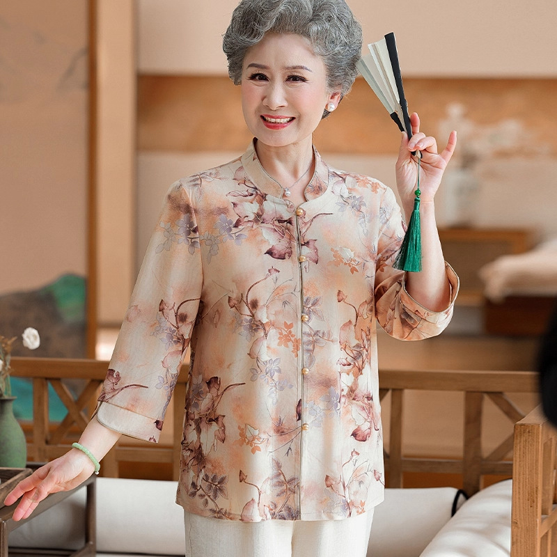 奶奶衬衫中长袖妈妈洋气上衣中老年人秋装女2025新款老太太衣服|undefined