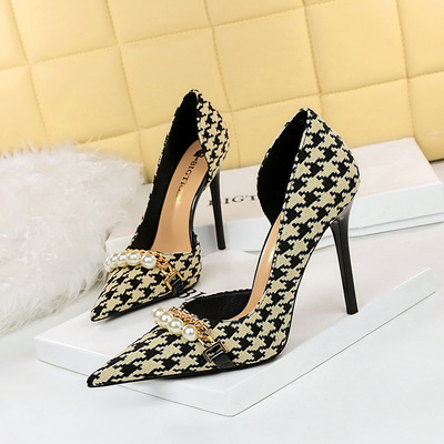 8829-1 Korean version high heel shoes plaid shallow side hollow thousand bird pearl metal chain super high heel single s