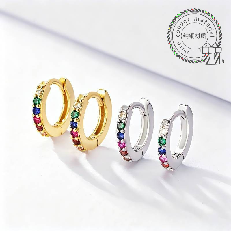 Cross-Border New European and American Style Micro-Inlaid Colorful Zircon Round Earrings, Fashionable and Versatile Earrings, Wholesale from Manufacturers