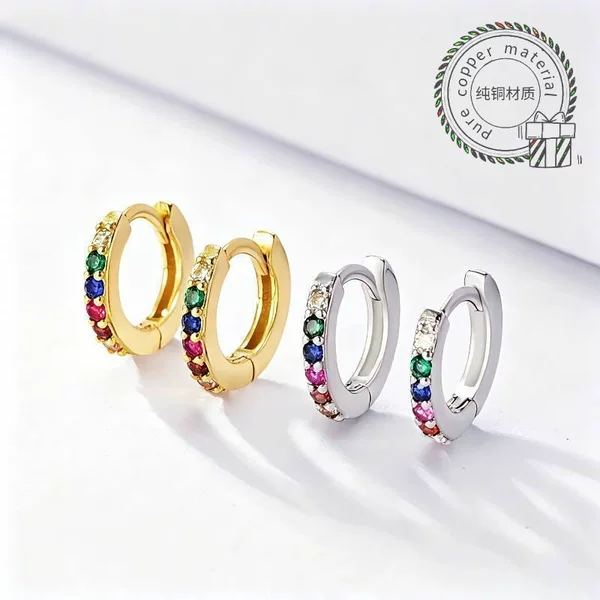Cross-Border New European and American Style Micro-Inlaid Colorful Zircon Round Earrings, Fashionable and Versatile Earrings, Wholesale from Manufacturers