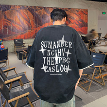 欧美vibe风短袖t恤男夏季美式hiphop水洗做旧7七分袖宽松半袖上衣