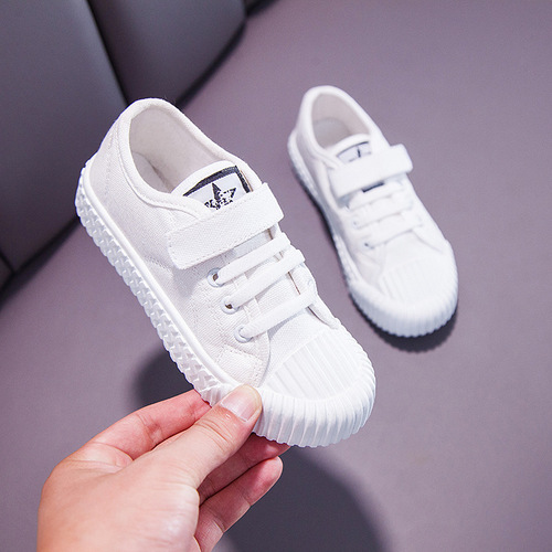 Big Bear Spring New Children's Canvas Shoes, White Sneakers for Boys and Girls, Low-top Non-slip, for Middle and Large Children