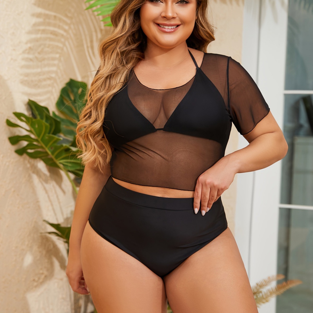 New European And American Style Sexy Solid Color Plus-size Tie-up Bikini Black Mesh Swimsuit Set P024_voghion.com