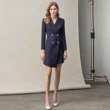 秋季新款藏青色职业装连衣裙女修身双排扣长袖风衣式西装裙OL套装