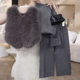 女宝宝冬季套装2025新款公主风女童时尚毛毛马甲打底衫长裤三件套