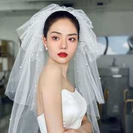 新娘头纱多层珍珠水钻高级感摄影造型蓬蓬复古结婚发饰凤凰头纱