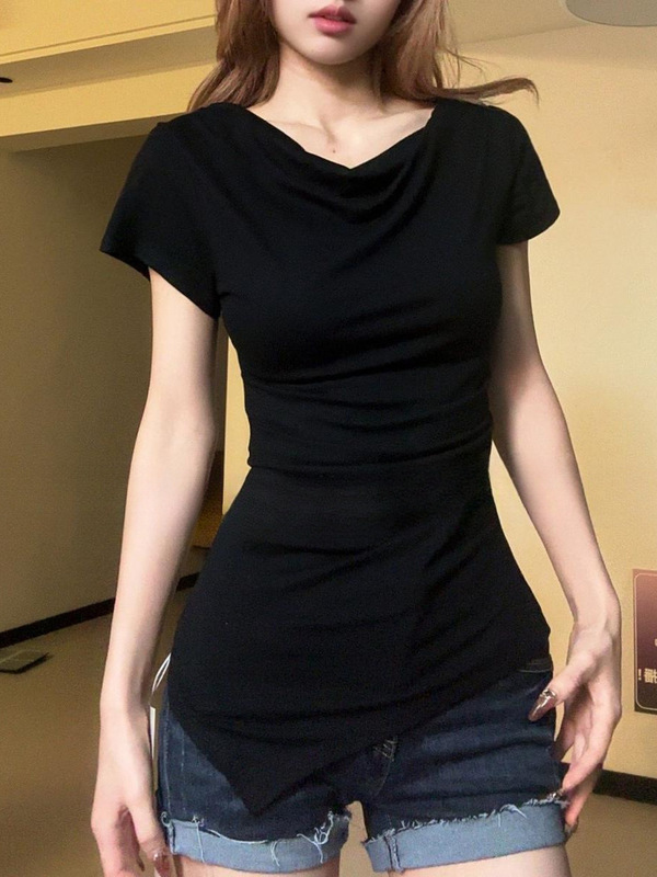 【260g 40番手レーヨン】スイングカラープリーツワンショルダーデザイン半袖トップスウエスト痩身Tシャツ|undefined