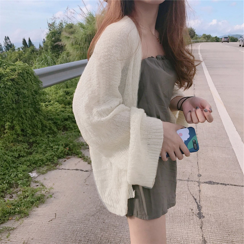2026 Summer Korean Style Beach V-Neck College Style Student Loose Sun Protection Cardigan Thin Jacket Women's Trendy Knitted Cardigan