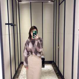 25秋冬季女装羊毛衫韩系百搭时尚复古菱格撞色羊毛羊绒针织衫毛衣