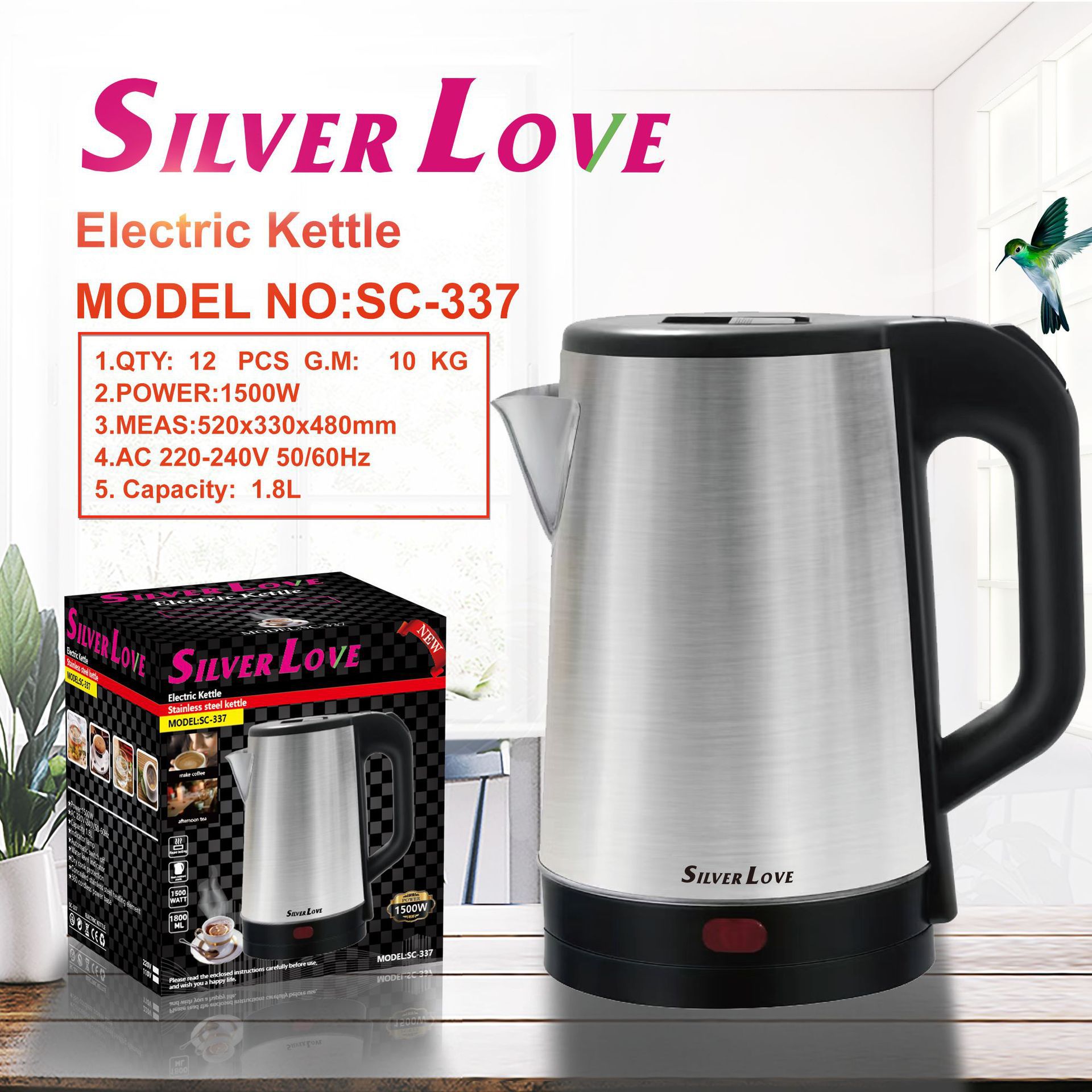 SILVER LOVE hervidor eléctrico de acero inoxidable 1.8L hervidor eléctrico de agua caliente