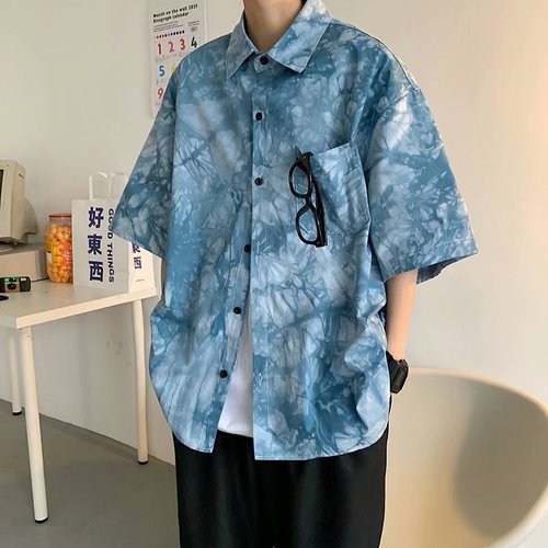 Thin Hawaiian Shirt for Men, Summer Trendy Loose Top with Design Sensibility, Tie-Dye Short-Sleeve Floral Shirt Jacket