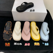 2025夏季新款女式休闲简约纯色方头露趾人字型厚底平跟时尚凉拖鞋
