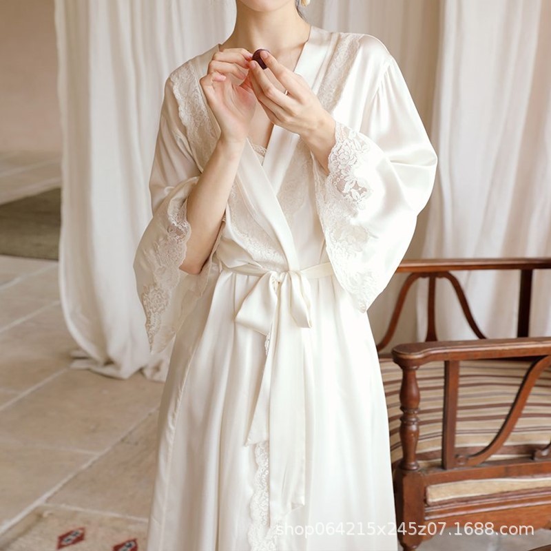 Light Luxury Elegant Ice Silk Long Spring and Autumn High-end Wedding Home Clothes Bridal Morning Gown High-end Pajamas Two-piece Set