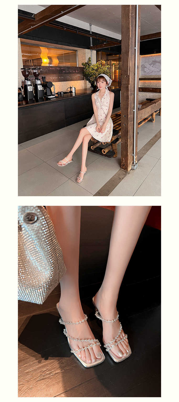 Sandal nữ quai mảnh đính đá mũi vuông hở mũi gót cao trong suốt đế xuồng — trắng chi tiết 20