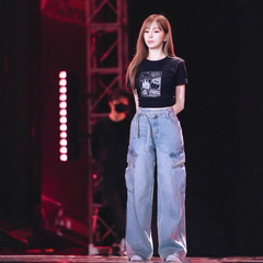 梵思羽王心凌演唱会同款水洗重工复古工装裤明星同款牛仔裤女夏季