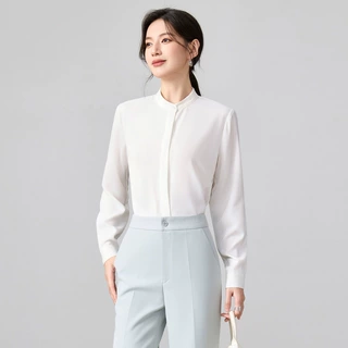 黑色立领长袖衬衫女OL通勤职业衬衣简约百搭气质上衣前台接待工装