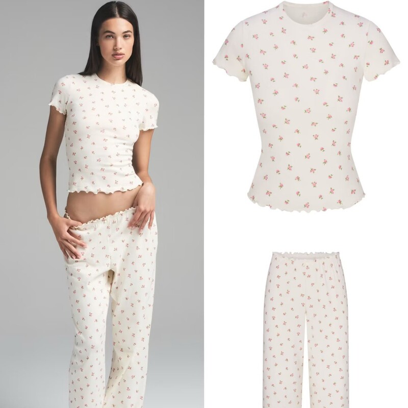 Skims Kardashian Floral Short-Sleeve Long Pants Ruffle Edge Pajamas for Women, Suitable for Spring and Summer, Can Be Worn Outside as Loungewear