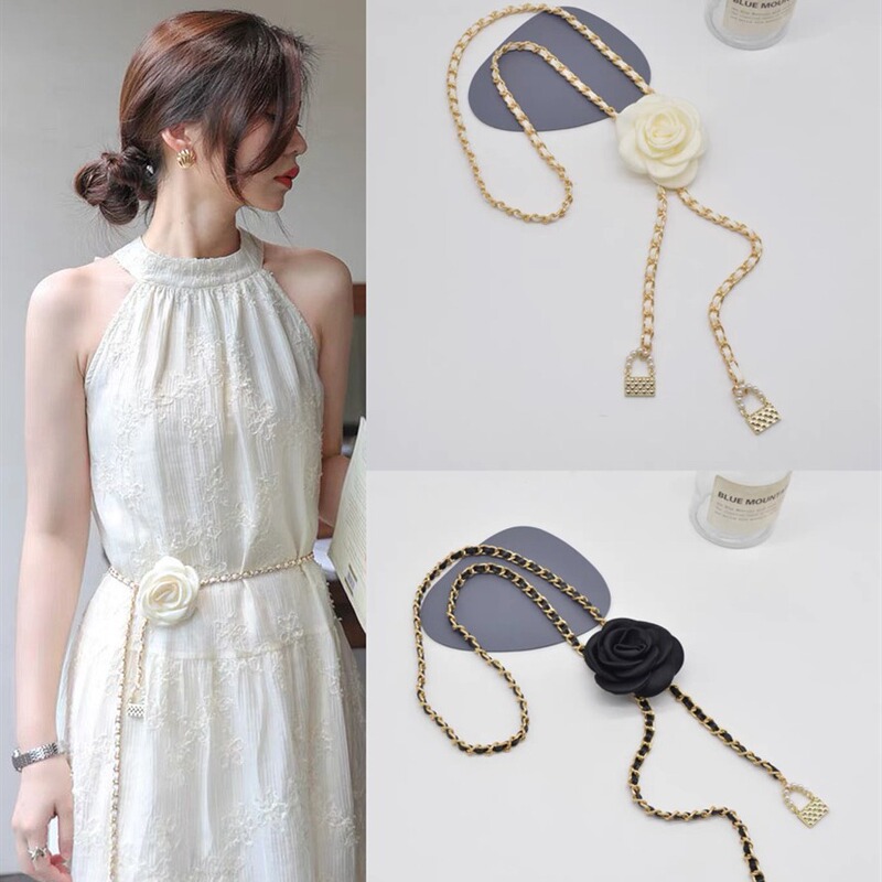 Korean Style Fashionable Black and White Camellia Waist Chain for Women High-End Small Fragrant Style Pearl Flower Chain Belt with Dress