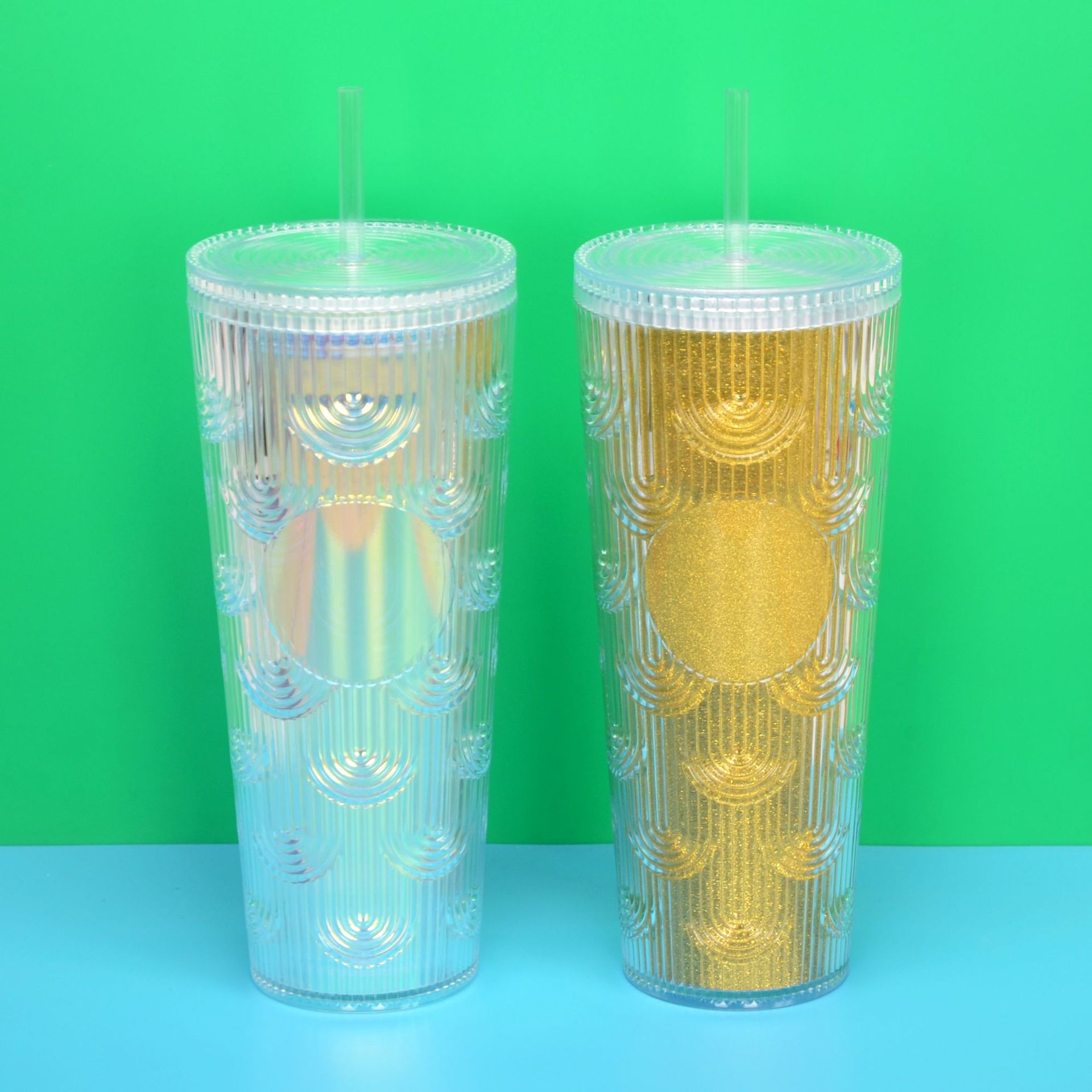 Taza de agua de paja de plástico de doble capa de color degradado transfronterizo AS/PS480/600ml con taza de regalo de café