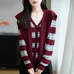 2025秋季新款V领撞色条纹披肩细羊毛针织开衫两件套女上衣套装潮