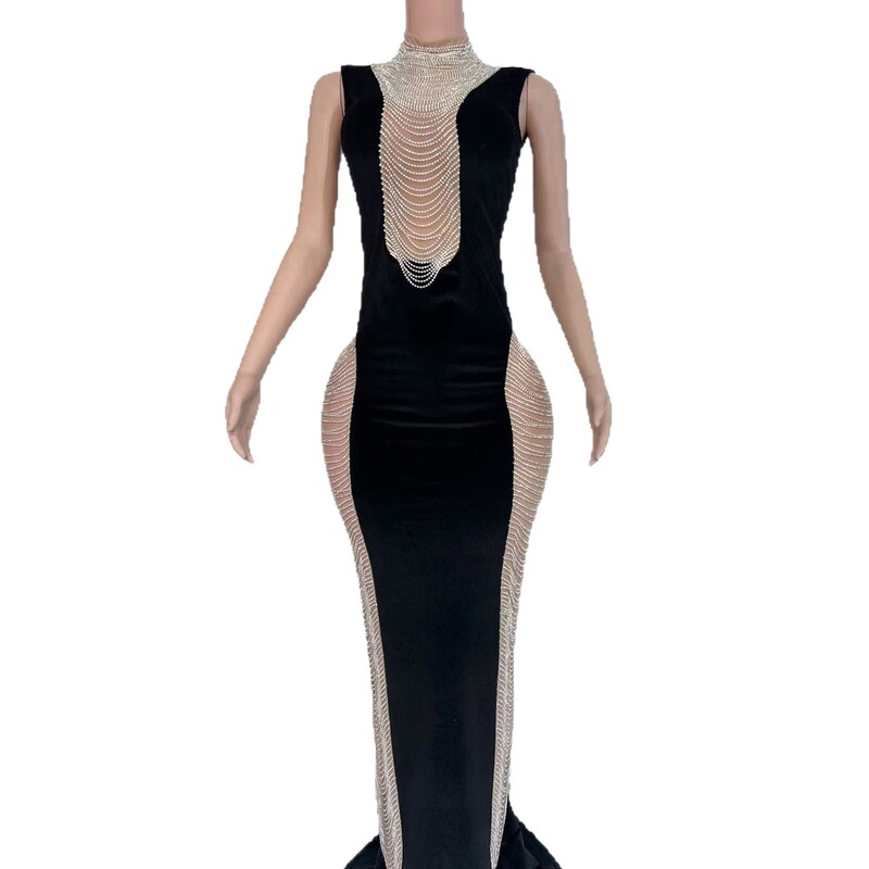 Elegant Black Velvet Hollow Chain Long Train Dress Red Carpet Runway Singer Host Evening Party Annual Meeting Dress with Rhinestones Elegant Black Velvet Hollow Chain Long Train Dress Red Carpet Runway Singer Host Evening Party Annual Meeting Dress with Rhinestones
