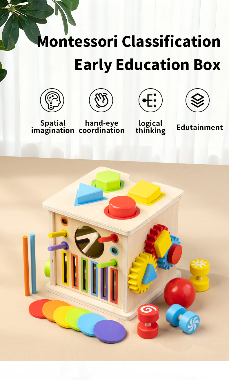 Sınır Ötesi Ahşap 8 İn 1 Montessori Erken Eğitim Kutu Şekil Renk Eşleştirme Madeni Para Atma Top Atma Eğitici Oyuncak Toptan