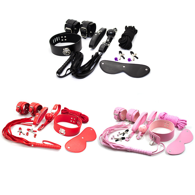 Sexy 7-piece set hand buckle eye mask neck cuff breast clip cotton rope whip mouth ball factory direct sexy 7-piece set