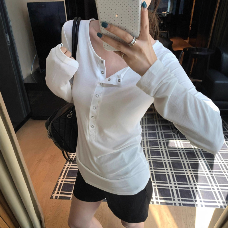 韩系弹力亨利领打底衫上衣女2025早秋新款修身显瘦极简风长袖T恤|undefined