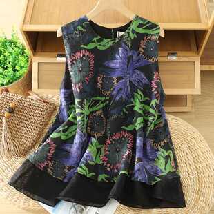 Actual Shot of 2025 New Summer Retro Versatile Oil Painting Style Digital Printed Ramie Vest Top Shirt