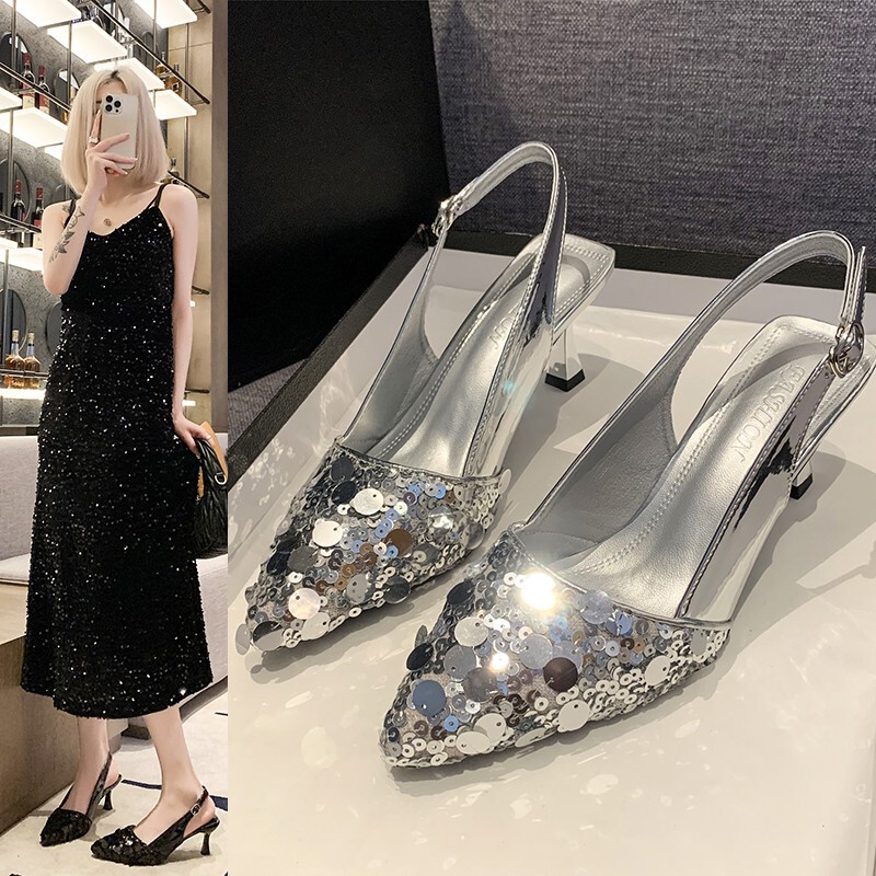 Women's Baotou Sandals 2024 New Arrival Beautiful Silver Sequins Fairy Style Bridesmaid Pointed High Heeled Non-slip Single-layer Shoes