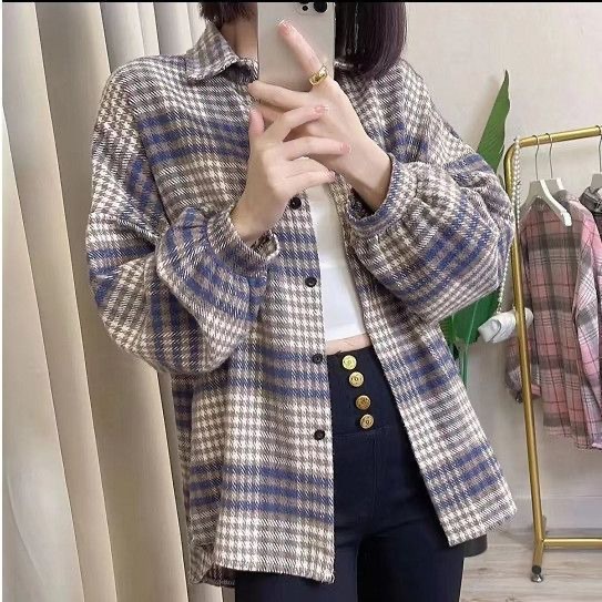 厚いシャツのコートの格子のシャツの女性2025秋の韓国版の復古の港の味の大きいサイズのゆったりしている毛のシャツの潮|undefined