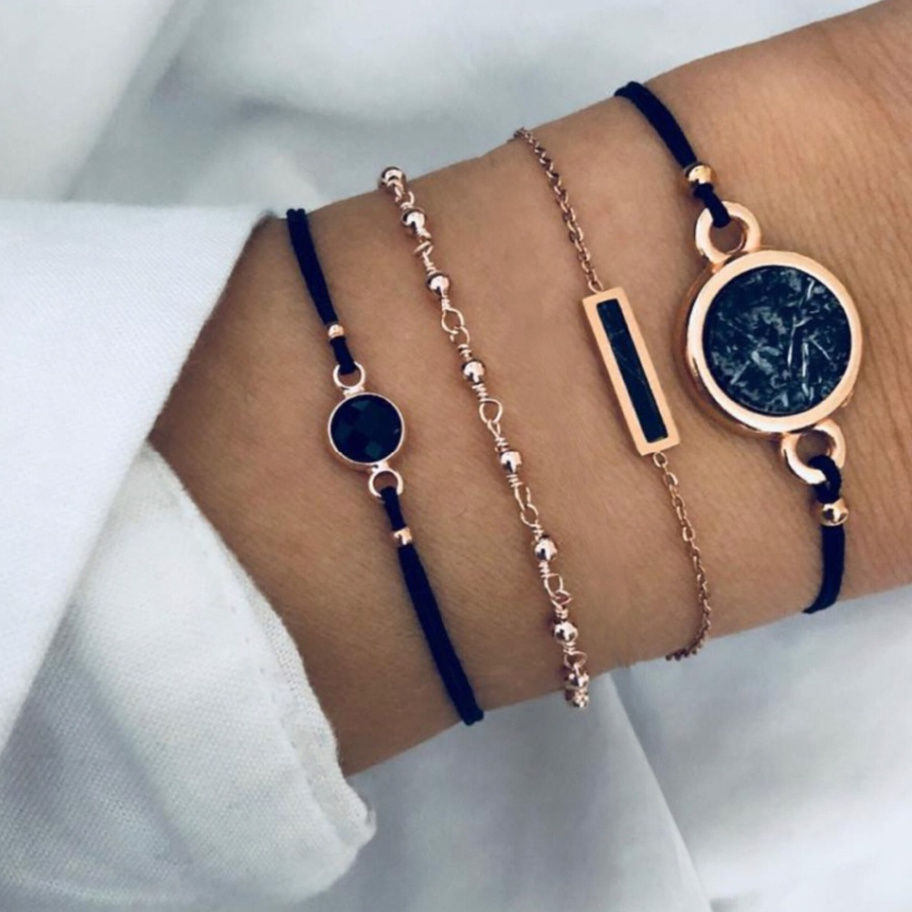 Personality Black Turquoise Pattern Bracelet Creative Geometric Black Square 4-piece Bracelet Set Bracelet_voghion.com