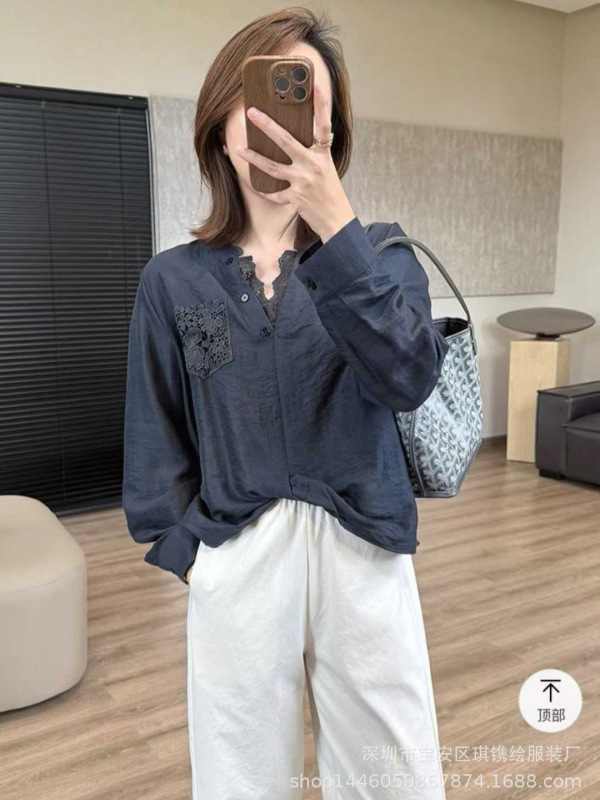 琪镌绘制秋季时尚衬衫2025新款天丝亚麻拼接蕾丝女宽松小衫25317|undefined