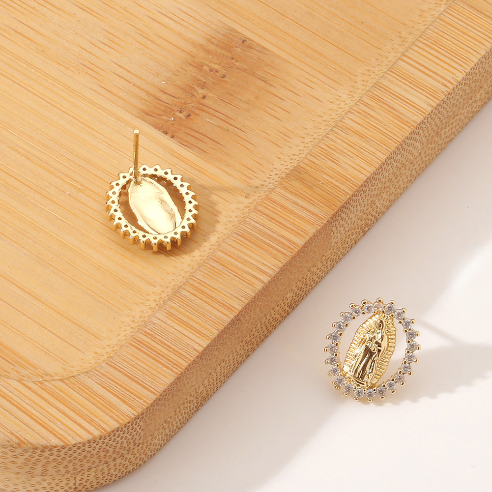 fashion retro religious pattern geometric diamond copper stud earrings