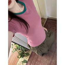 棉羊毛拉架罗纹美式复古撞色圆领条纹合身短袖T恤女修身显瘦上衣