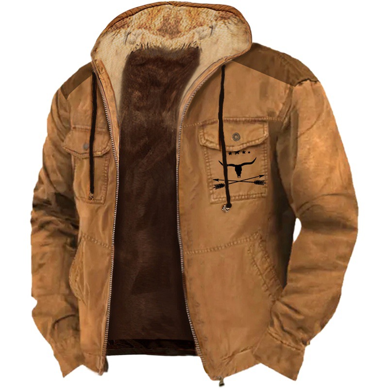 2023 Patrón de vaca transfronterizo europeo y americano Impresión 3D Impresión digital Suéter con capucha Forro marrón Bolsillo Chaqueta acolchada de algodón