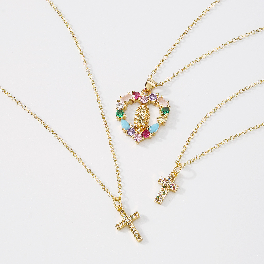 fashion simple cross heart brass inlaid color zircon necklace wholesale