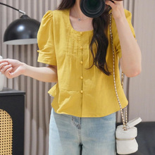 韩版棉麻短袖衬衫女士2024新款爆款夏季设计感小众气质泡泡袖上衣