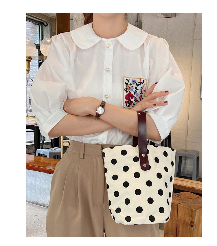Bucket Shape Women's Medium Canvas Round Dots Smile Face Cute Bucket Open Handbag