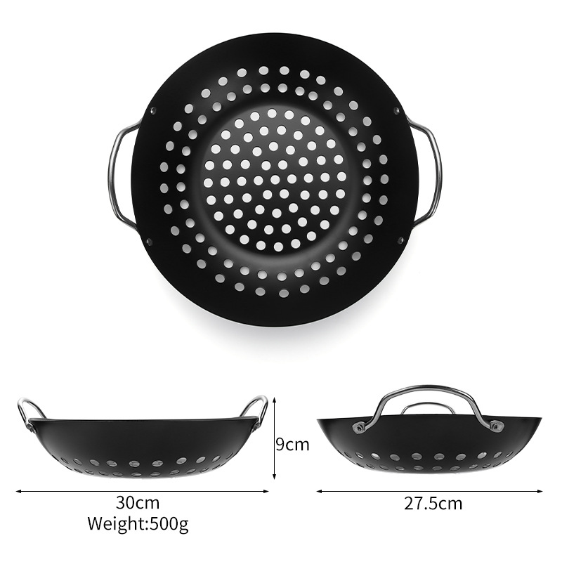 BBQ烤肉盘蔬菜烤盘带把手漏孔圆形烤肉托盘跨境批发黑色小圆盘