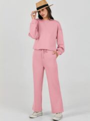 2025k跨境欧美秋冬季纯色圆领套头长裤女装 时尚休闲长袖卫衣套装