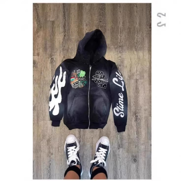 2025 New American-Style Trendy Hooded Sweatshirt, Unisex Printed Zip-Up Jacket, Street Hip-Hop Style, Loose Fit