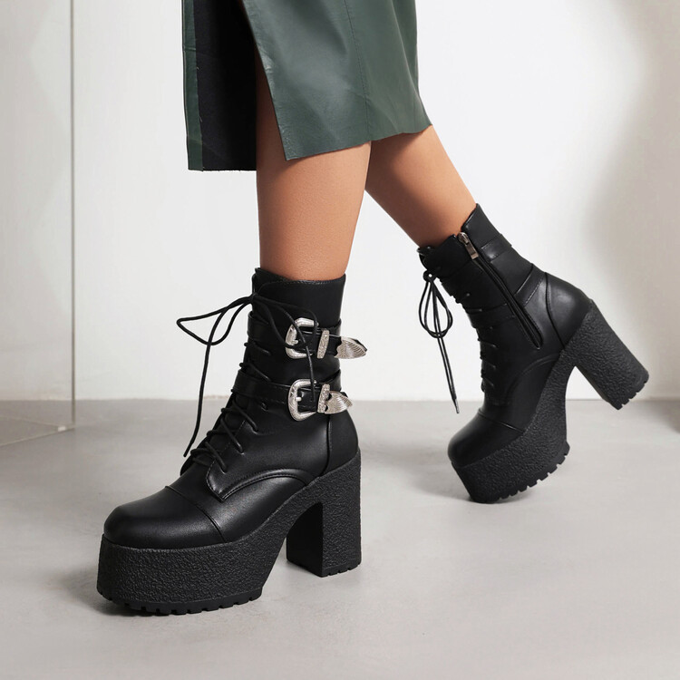 New round head front strap with double belt buckle side zipper waterproof platform chunky high heel ankle boots_voghion.com