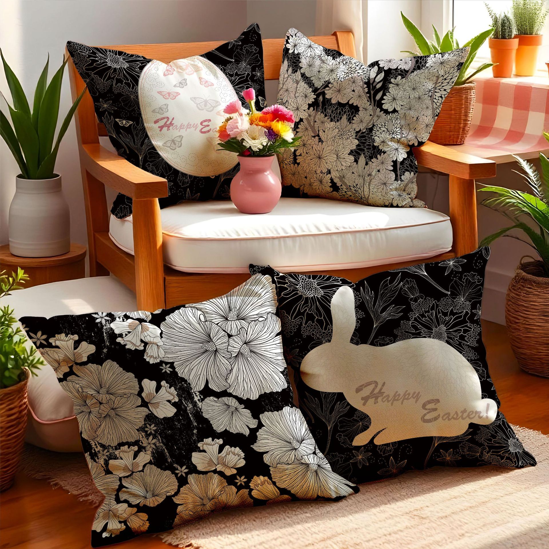 Floral and rabbit cushion covers styled around a welcoming armchair